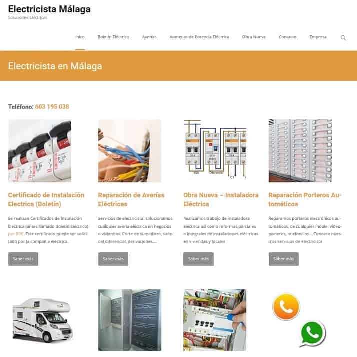 portada web de empresa servicios de electricista malaga